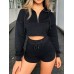 Women Half Zip Drop Shoulder Crop Top Drawstring Shorts Casaul Two-Piece Set