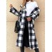 Women Lattice Plaid Printed Calf Length Lapel Side Pockets Casual Coats