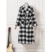 Women Lattice Plaid Printed Calf Length Lapel Side Pockets Casual Coats