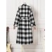 Women Lattice Plaid Printed Calf Length Lapel Side Pockets Casual Coats