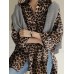 Women Leopard Lapel High Low Split Hem Loose Long Sleeve Blouses