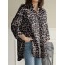 Women Leopard Lapel High Low Split Hem Loose Long Sleeve Blouses