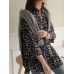 Women Leopard Lapel High Low Split Hem Loose Long Sleeve Blouses