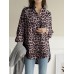 Women Leopard Lapel High Low Split Hem Loose Long Sleeve Blouses