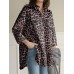 Women Leopard Lapel High Low Split Hem Loose Long Sleeve Blouses