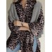 Women Leopard Lapel High Low Split Hem Loose Long Sleeve Blouses