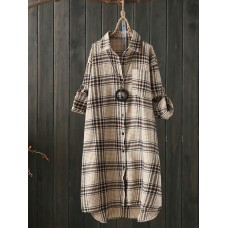 Women Long Sleeve Plaid Casual Asymmetrical Long Blouse