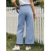 Women Patchwork Elastic Waist Casual Wide Leg Pants With Pocket