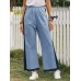 Women Patchwork Elastic Waist Casual Wide Leg Pants With Pocket