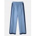 Women Patchwork Elastic Waist Casual Wide Leg Pants With Pocket