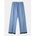 Women Patchwork Elastic Waist Casual Wide Leg Pants With Pocket