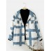 Women Plaid Pocket Button Up Long Sleeve Thin Coats