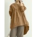 Women Puff Sleeve Loose Pleated Spliced Solid Back Button Casual Shirts