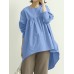 Women Puff Sleeve Loose Pleated Spliced Solid Back Button Casual Shirts