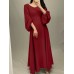 Women Puff Sleeve Spliced Solid Color Back Zipper O-Neck Maxi Length Midi Dresses