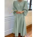 Women Puff Sleeve Spliced Solid Color Back Zipper O-Neck Maxi Length Midi Dresses