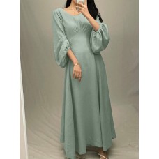 Women Puff Sleeve Spliced Solid Color Back Zipper O-Neck Maxi Length Midi Dresses