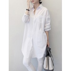 Women Pure Color Lapel Chest Pocket Loose Casual Long Sleeve Shirts