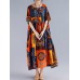 Women Retro Folk Style Print Loose O-Neck Short Sleeve Dress