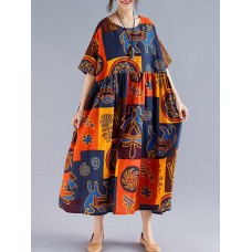 Women Retro Folk Style Print Loose O-Neck Short Sleeve Dress