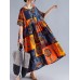 Women Retro Folk Style Print Loose O-Neck Short Sleeve Dress