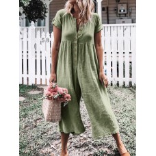 Women Short Sleeve Button Solid Color Wide Leg Pant Jumpsuit Overalls