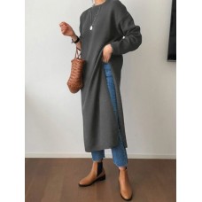 Women Side Fork Sweatshirt O-Neck Calf Length Solid Midi Dresses