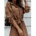 Women Solid Button Down Front Lace-Up Lapel Drop Shoulder Midi Dress