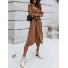 Women Solid Button Down Front Lace-Up Lapel Drop Shoulder Midi Dress