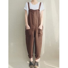 Women Solid Color Cotton Strappy Pocket Loose Harem Jumpsuit