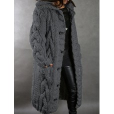 Women Solid Color Jacquard Knitted Mid-Length Hooded Cardigan With Pocket