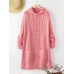 Women Solid Color Jacquard Knitted Mid-Length Hooded Cardigan With Pocket