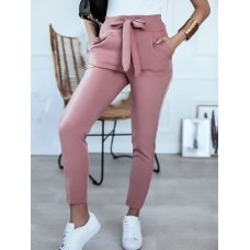 Women Solid Color Lace-Up Pleated Casual Regular Fit Pencil Pants