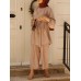 Women Solid Color Long Sleeve Sashes Tops Wide Leg Pants Ethnic Style Two Piece Set