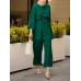 Women Solid Color Long Sleeve Sashes Tops Wide Leg Pants Ethnic Style Two Piece Set