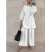 Women Solid Color Long Sleeve Sashes Tops Wide Leg Pants Ethnic Style Two Piece Set