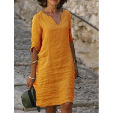 Women Solid Color Notched Neckline Half Simple Sleeve Dresses