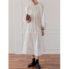 Women Solid Color O-Neck Tie Back Puff Sleeve Casual Tiered Dresses