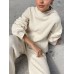 Women Solid Rib-Knit Hoodie Drawstring Wide Leg Pants Casual Long Two-Piece Set