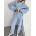 Women Solid Rib-Knit Hoodie Drawstring Wide Leg Pants Casual Long Two-Piece Set