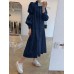 Women Solid Tiered Stand Collar Pleats Puff Sleeve Casual Shirt Midi Dresses