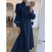 Women Solid Tiered Stand Collar Pleats Puff Sleeve Casual Shirt Midi Dresses