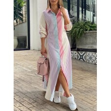 Women Stripe Colorful Shirt Patchwork Color Block Casual Midi Dresses