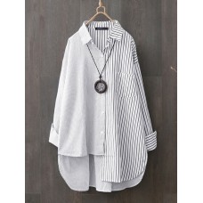 Women Striped Patchwork High Low Hem Lapel Long Sleeve Blouse With Pocket