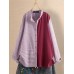 Women Striped Patchwork Stand Collar Button Plus Size Shirts