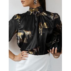 Women Tiger Print Pleated Satin Casual Long Sleeve Blouses