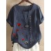 Women Vintage Red Flower Print Button Casual Loose T-shirts