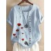 Women Vintage Red Flower Print Button Casual Loose T-shirts