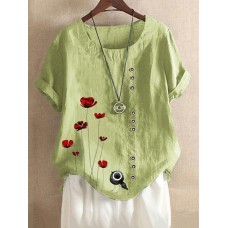 Women Vintage Red Flower Print Button Casual Loose T-shirts