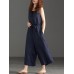 Women Wide Leg Cotton Solid Color V-Neck Sleeveless Jumpsuit with Pockets